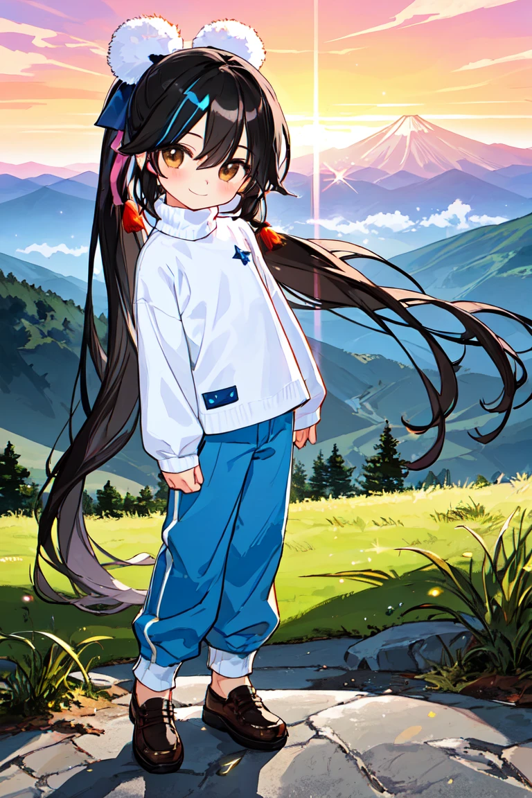 1girl kawaii petite minor eyeliner skindantation flat chest  (eyes visible through hair)
brown eyes, 
- black hair, 
very long hair , 
folded ponytail, 
streaked hair , 
asymmetrical bangs, 
hair flaps , 
Smiling, cover mouth with hands, 
, 
head_tilt standing  
vivid gradient turtleneck turquoise pom-pom pants  ankle socks Deck shoes
Fuji Mountain, warm light sunset, rays light sparkles lens flare deep shadows, depth of field peerless scenery sentimental