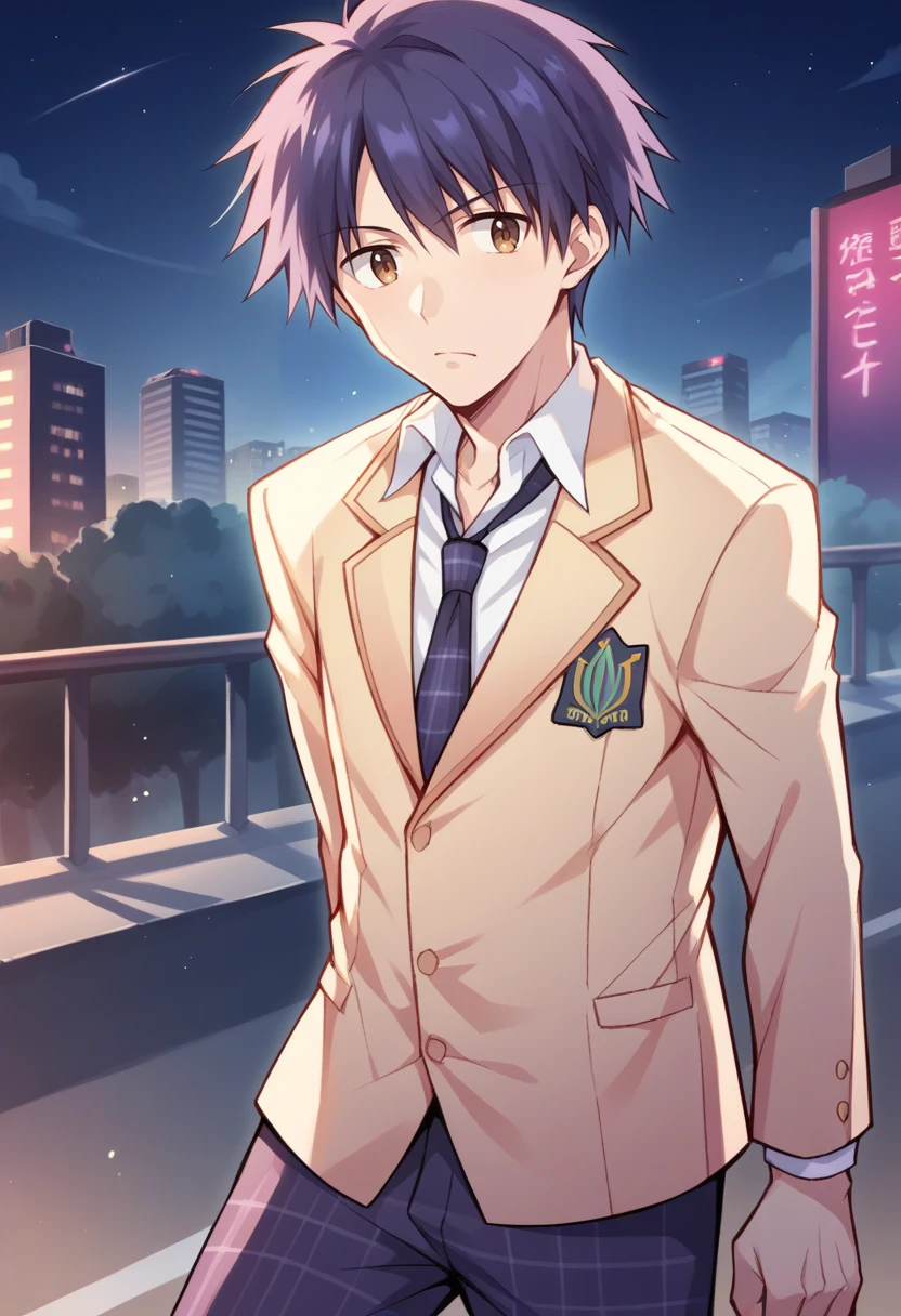 score_9, score_8_up, score_7_up, source_anime BREAK 1boy, male focus, solo,
<lora:zs_TakumiXL:1> takumichaos, short hair, blue hair, brown eyes, blazer, shirt, blue necktie, plaid pants,
city, night, shibuya crossing