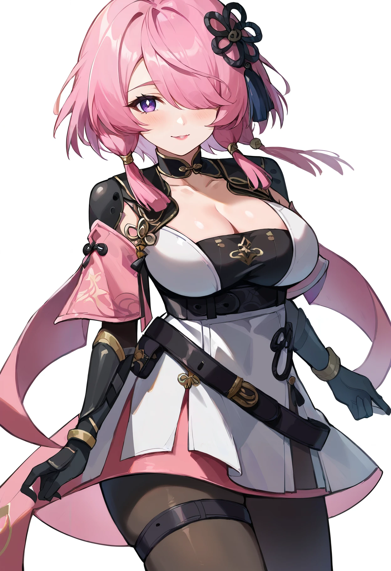 1 girl, high quality, (short hair), pink hair, forehead, blue eyes, (medium breast), (straps on thighs:1.3), white background, nature, (stocking), (sweaty:1.1), (nipples:0.8), thick thighs, (middle Ages:1.2), (long dress), (cameltoe), armor