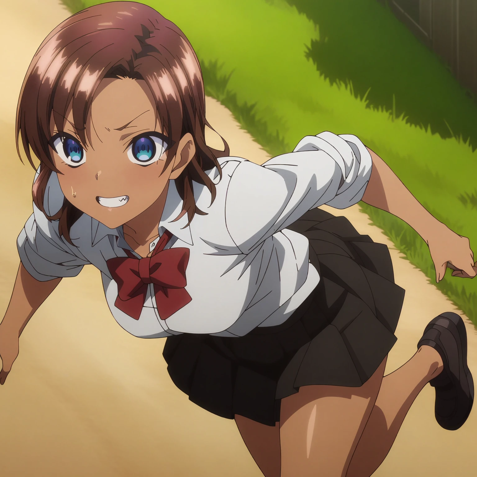 <lora:SaeHinataXL001>,<lora:bold-16oa:-0.5>,
masterpiece,best quality,ultra-detailed,8K,best illustration,very aesthetic,absurdres,anime screencap,official art,
looking at viewer,blush,grin,
solo,
SaeHinata,1girl,brown hair,medium hair,blue eyes,dark-skinned female,
white shirt,red bowtie,sleeves rolled up,
pleated_skirt,black skirt,
outdoors,
full body,running,