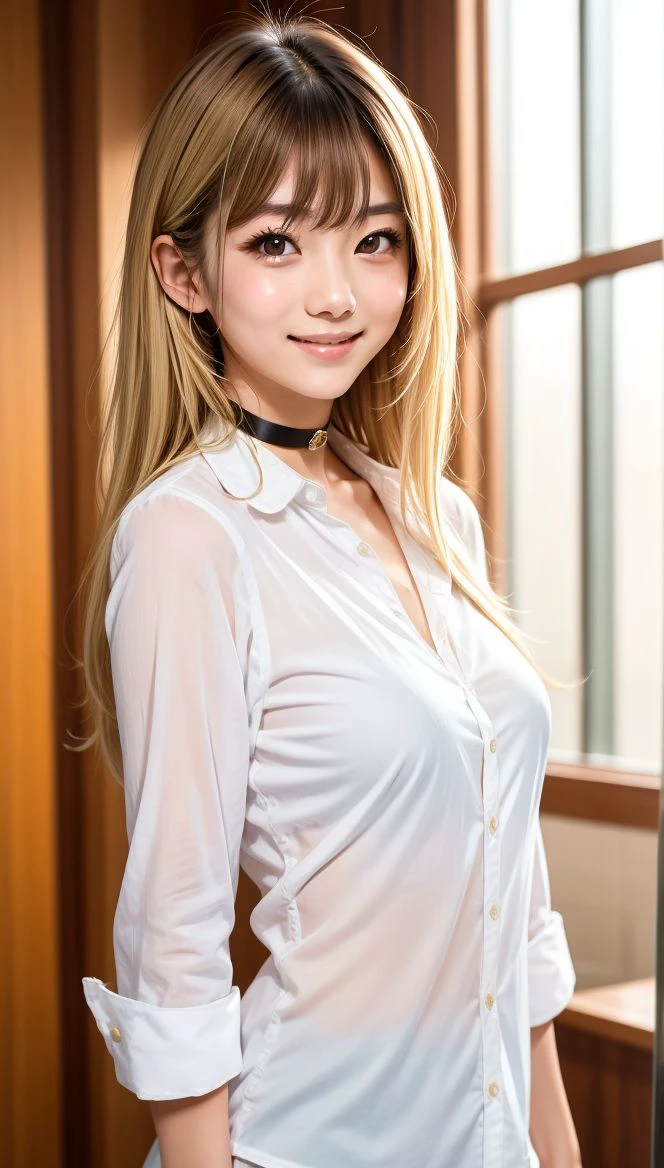 kitagawa marin, 1girl, solo,medium breasts,choker, blonde hair, long hair, black choker, shirt, smile, red eyes, looking at viewer, white shirt, bangs, indoors, school uniform, collared shirt, upper body, closed mouth, collarbone, blurry background, meme, open clothes,   <lora:Marin Kitagawa_epoch_1:1>