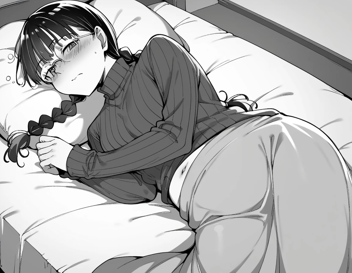 score_9, score_8_up, score_7_up, source_anime,
ringoyamiyoshi, <lora:ringoya-miyoshi-manga-ponyxl-lora-nochekaiser:1>,
miyoshi, long hair, bangs, braid, glasses, twin braids, monochrome, greyscale,
long sleeves, navel, sweater, turtleneck, turtleneck sweater, skirt, long skirt,
indoors, bed, bed room, on side, blush, drunk,
looking at viewer, solo, dutch angle, cowboy shot,