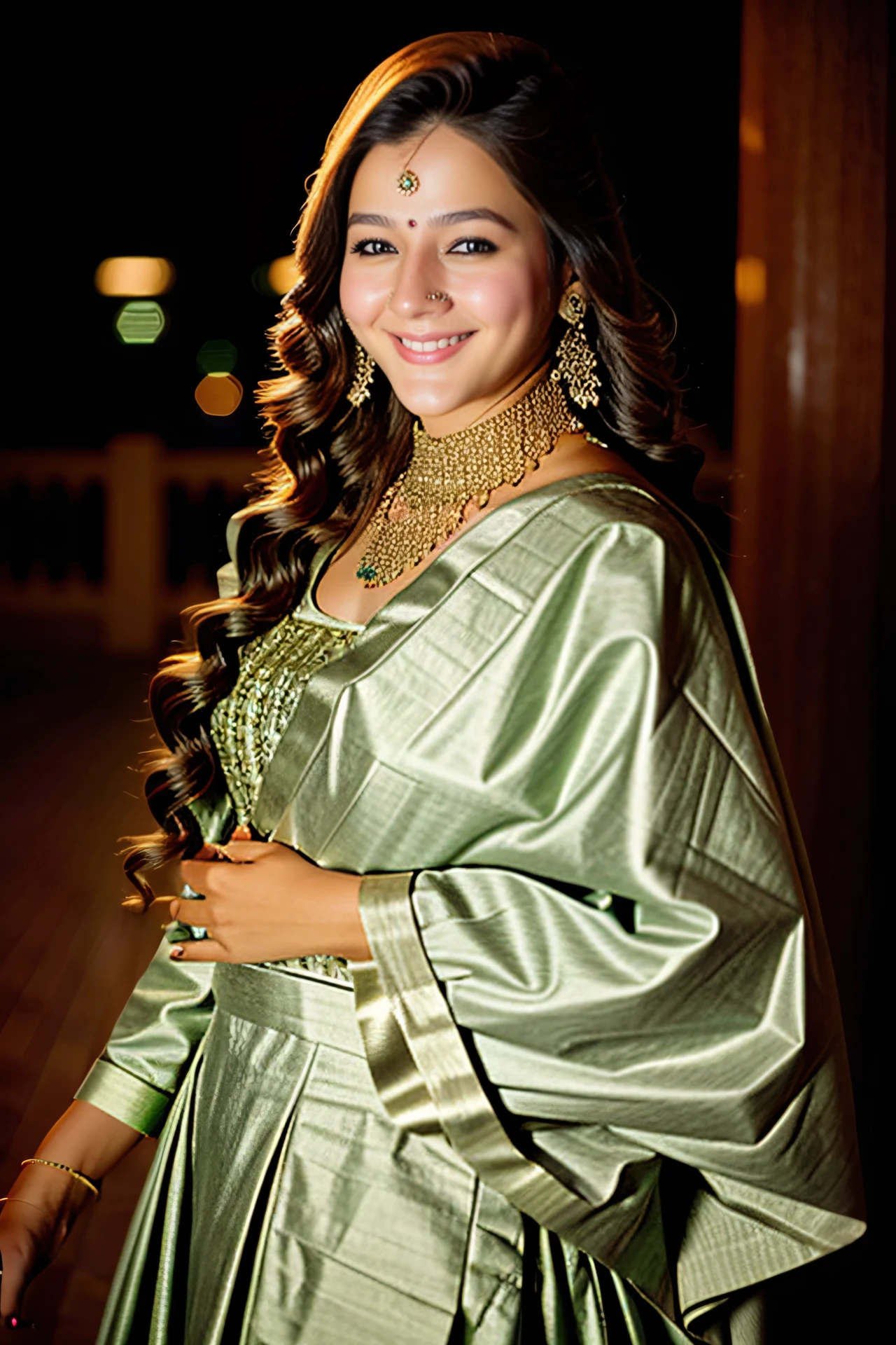 photo of a pryl woman, wearing conservative Sage Indian clothing, solo, smiling, night time, city lights  in background bokeh    <lora:pryl_Priyal_Gor_SD15_LoRA_prodigy_local_regs_HNepochs-000015:1>