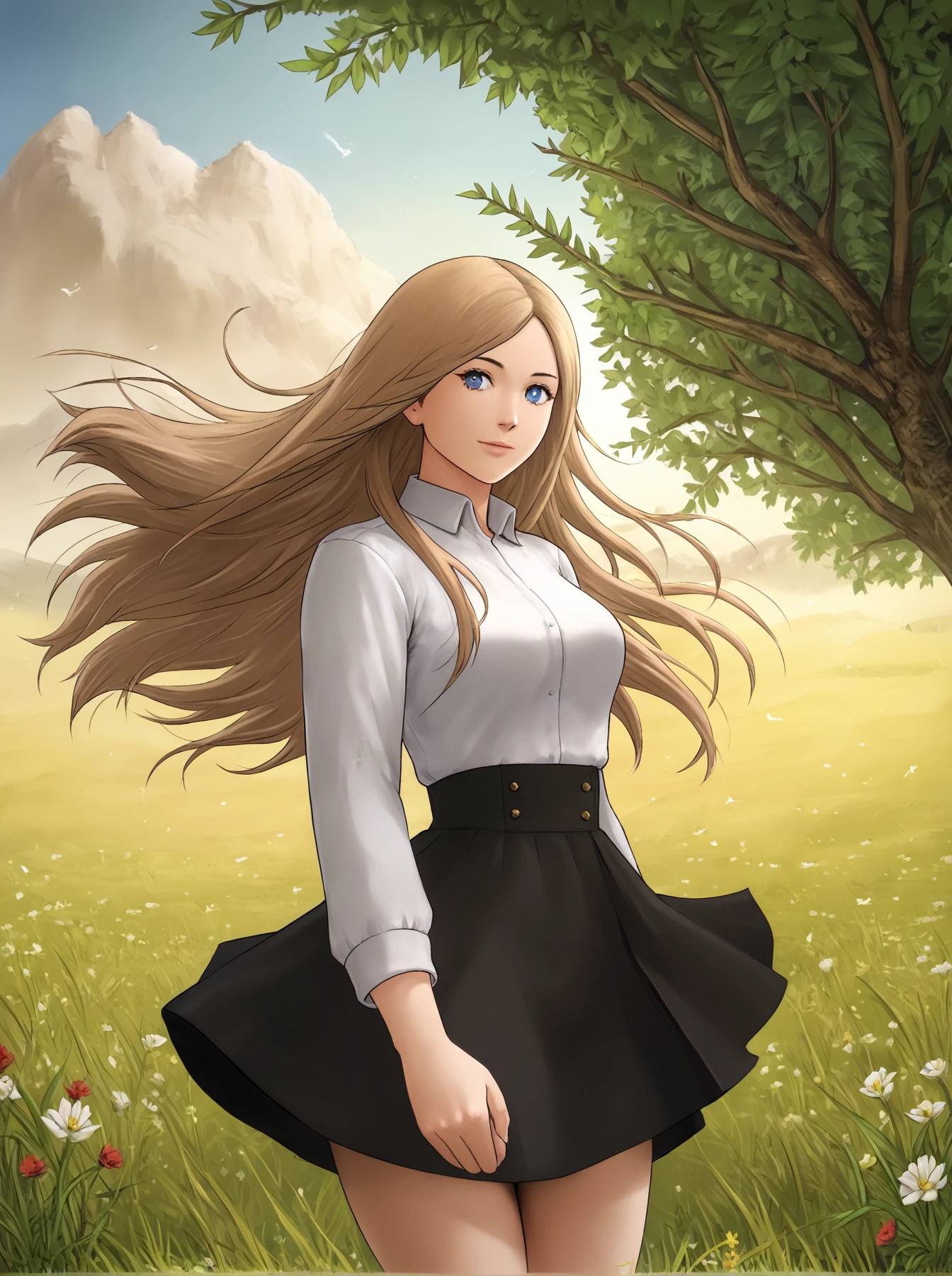 score_9,
<lora:matoc_v1_unpruned:1>,
1girl,
long hair, light brown hair, brown hair, blue eyes,
black high waist skirt, white shirt,
looking at viewer, light smile,
cowboy shot,
outdoors, flowers, grass,
hair in wind,
high resolution, Masterpiece, detailed