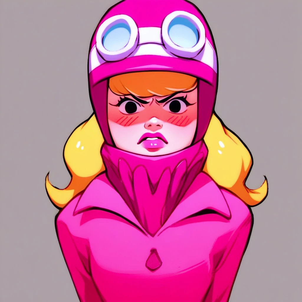 score_9, score_8_up, score_7_up, source_anime, source_cartoon, rating_explicit, 1girl, solo, portrait, Penelope Pitstop, blonde hair, pink hat, pink jumpsuit, pink scarf, white boots, pink lipstick, black eyes (cartoon, anime),detailed face, (cowboy shot), (source_cartoon), detailed eyes, masterpiece,     SIMPLE BACKGROUND,    woman,1girl, , looking  at viewer,blush, ANGRY, evil eyes,