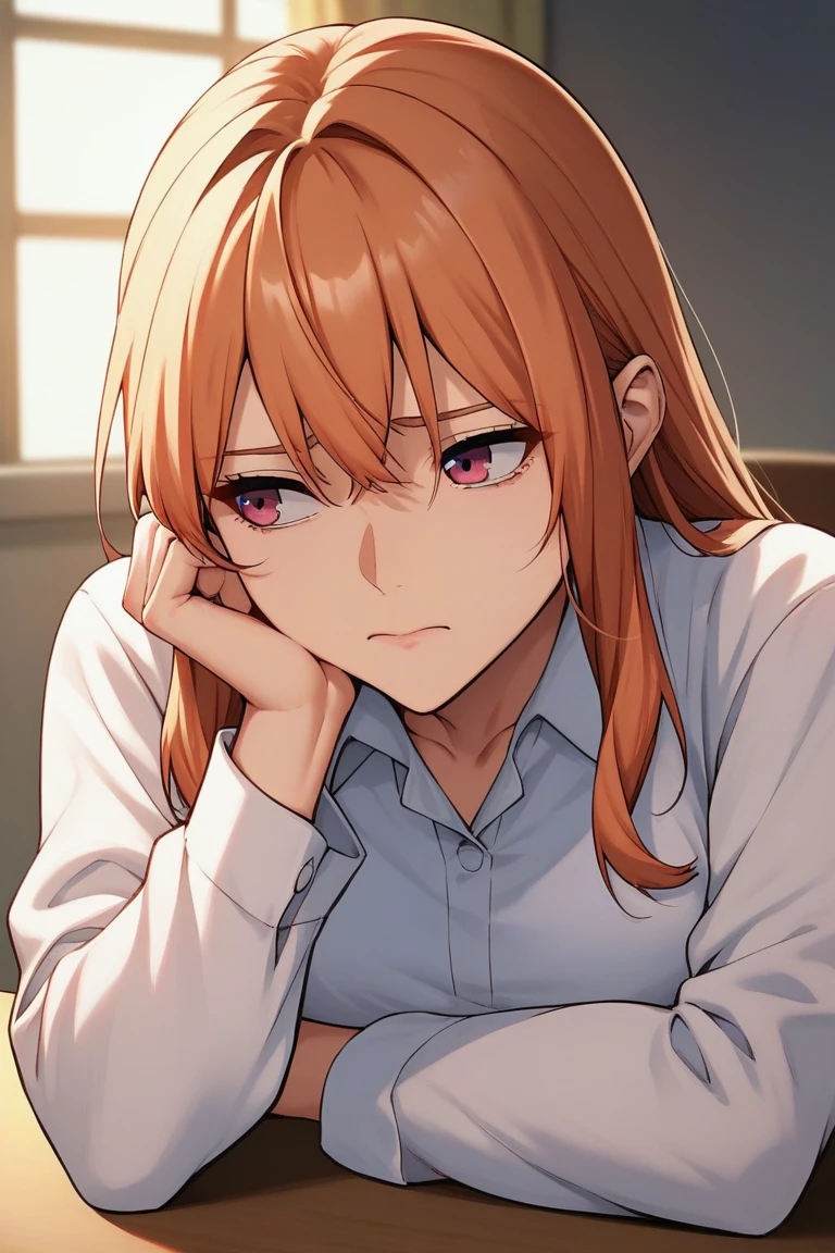 score_9, score_8_up, score_7_up, score_6_up, score_5_up, score_4_up, source_anime, wallpaper, BREAK
moblee, 1girl, solo,
Upper body, portrait, sitting, desk, head rest, tilted head, arm supoort, looking to the side, dinamic pose,
long hair, bangs, orange hair, pink eyes, straight hair, Sad, closed mouth, white shirt, collared shirt, long sleeves, collarbone, Indoors, bedroom, dramatic lighting,
masterpiece, best quality, extremely detailed,
<lora:LeeDahye_PonyXL_v1:1>