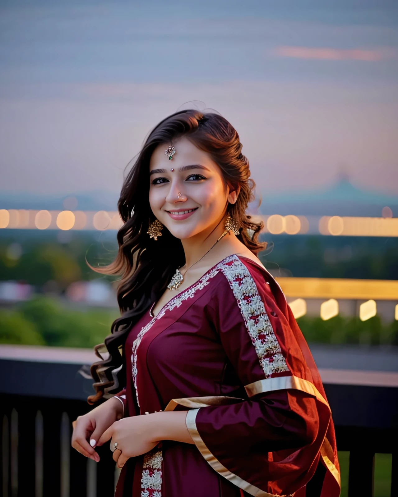 photo of a pryl woman, wearing conservative Crimson Indian clothing, solo, smiling, night time, city lights  in background bokeh    <lora:pryl_Priyal_Gor_SD15_LoRA_prodigy_local_regs_HNepochs-000015:1>