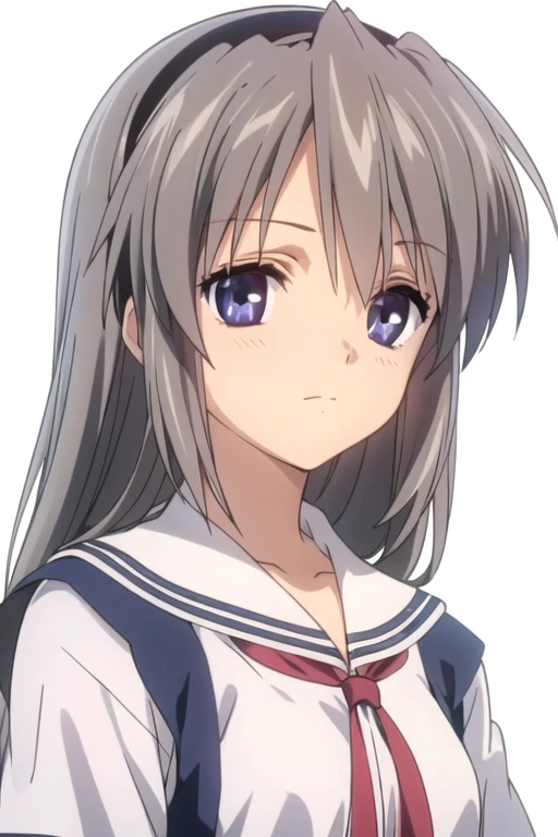 solo, 1girl, looking at viewer, 2D, anime, anime coloring, upper body, (simple background, solid white background:1.3), <lora:tomoyo-clannad:0.8>, tomoyo sakagami, school uniform, serafuku, closed mouth