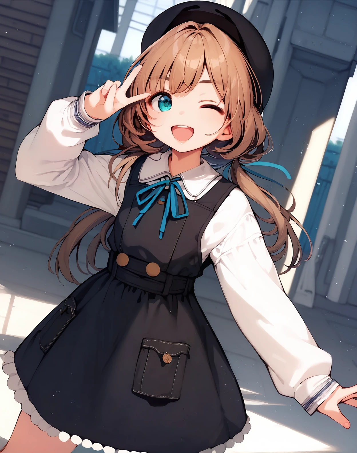 score_9, score_8_up, score_7_up,1girl, v, one eye closed, dutch angle, smile, open mouth, brown hair, brown pinafore dress, beret, blue neck ribbon, long sleeves <lora:santa_style_pony6_v1:1.2>, low twintails, aqua eyes,