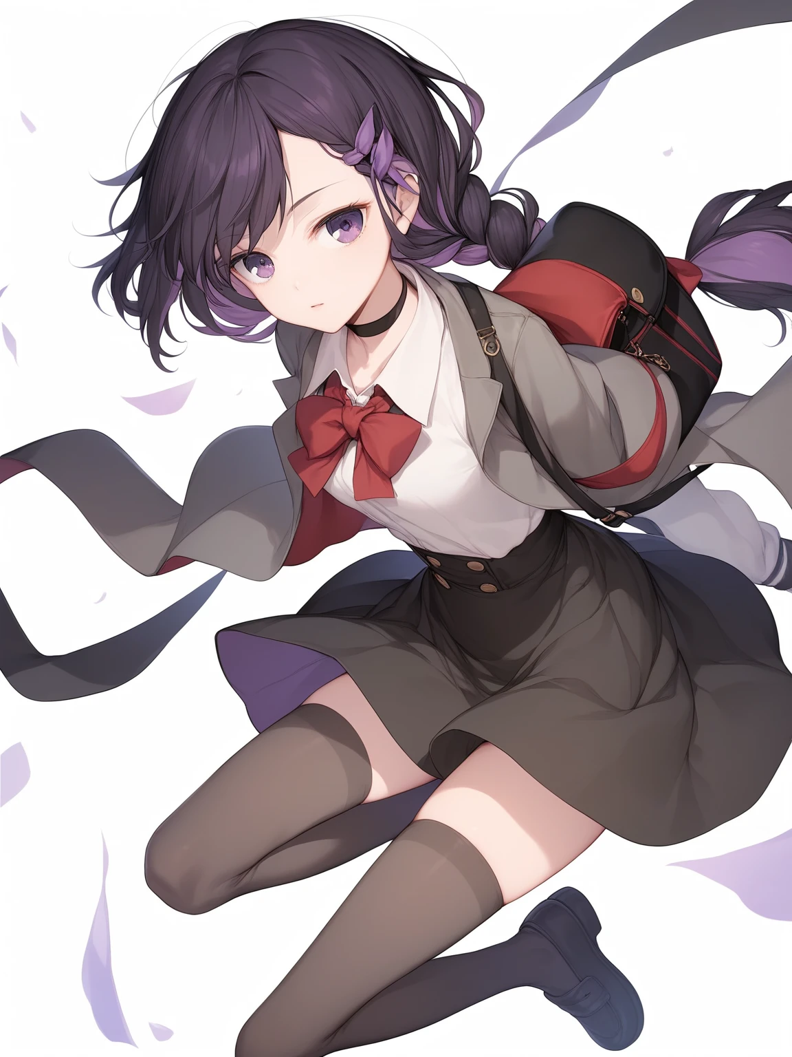(score_9,score_8_up,score_7_up,),1girl,miki zf,fingerless gloves,thighhighs,black hair,purple eyes,simple background,white background,red bow,shirt,shoes,black choker,looking at viewer,long hair,braid,jacket,high-waist skirt,hair ribbon,arms at sides,purple hair,shoulder bag,colored inner hair,loafers,<lora:MIK1zf:0.9>,wind,reaching,