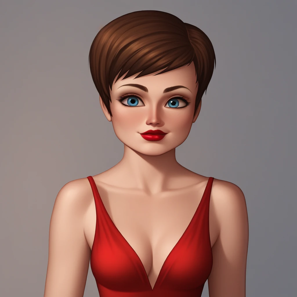 score_8_up, BREAK, 1girl, solo, Roxanne, brown hair, short hair, blue eyes, lipstick, red dress, <lora:roxanne_ritchi_XL_Leaf:1>, cowboy shot,