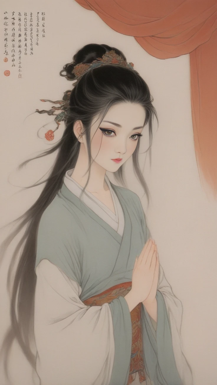 XCYP Ancient Character Painting,illustration stylea Chinese girlCover your face with simlebehind a silk curtain, frontview, half body short.exquisite clothing detail, (Long hair.), Avatar close-up: 1.5), Leave a lot of white space, zen, illustrations, graphic, Minimalism,(Shining God's Eyes: 1.8),<lora:é²åä¸æ´¾@å½©å¢¨ç¥è¯XL:1>,