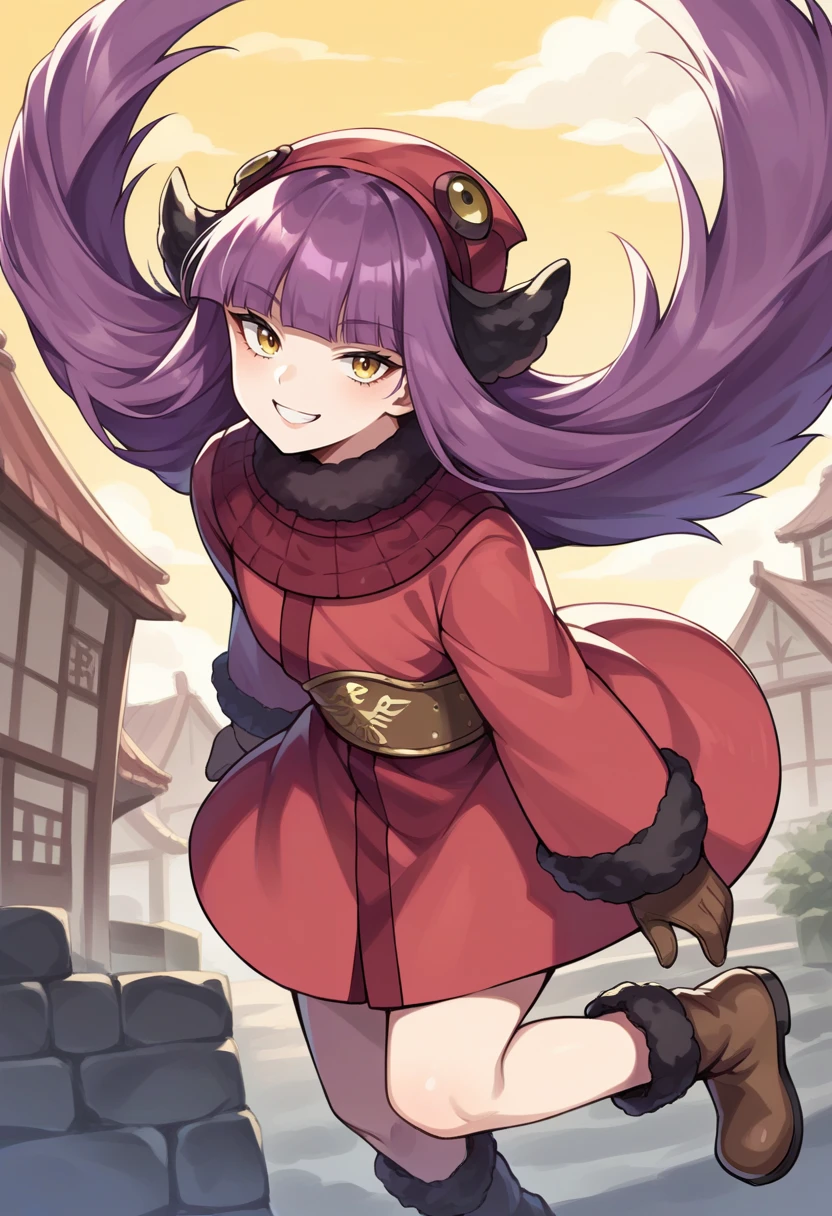 score_9, score_8_up, score_7_up, source_anime BREAK 1girl, solo,
 <lora:zs_MohShuvuuXL:1> mohshuvuusmt, hat, purple hair, long hair, blunt bangs, coat, fur trim, boots
japanese town, yellow sky, looking at viewer, smile