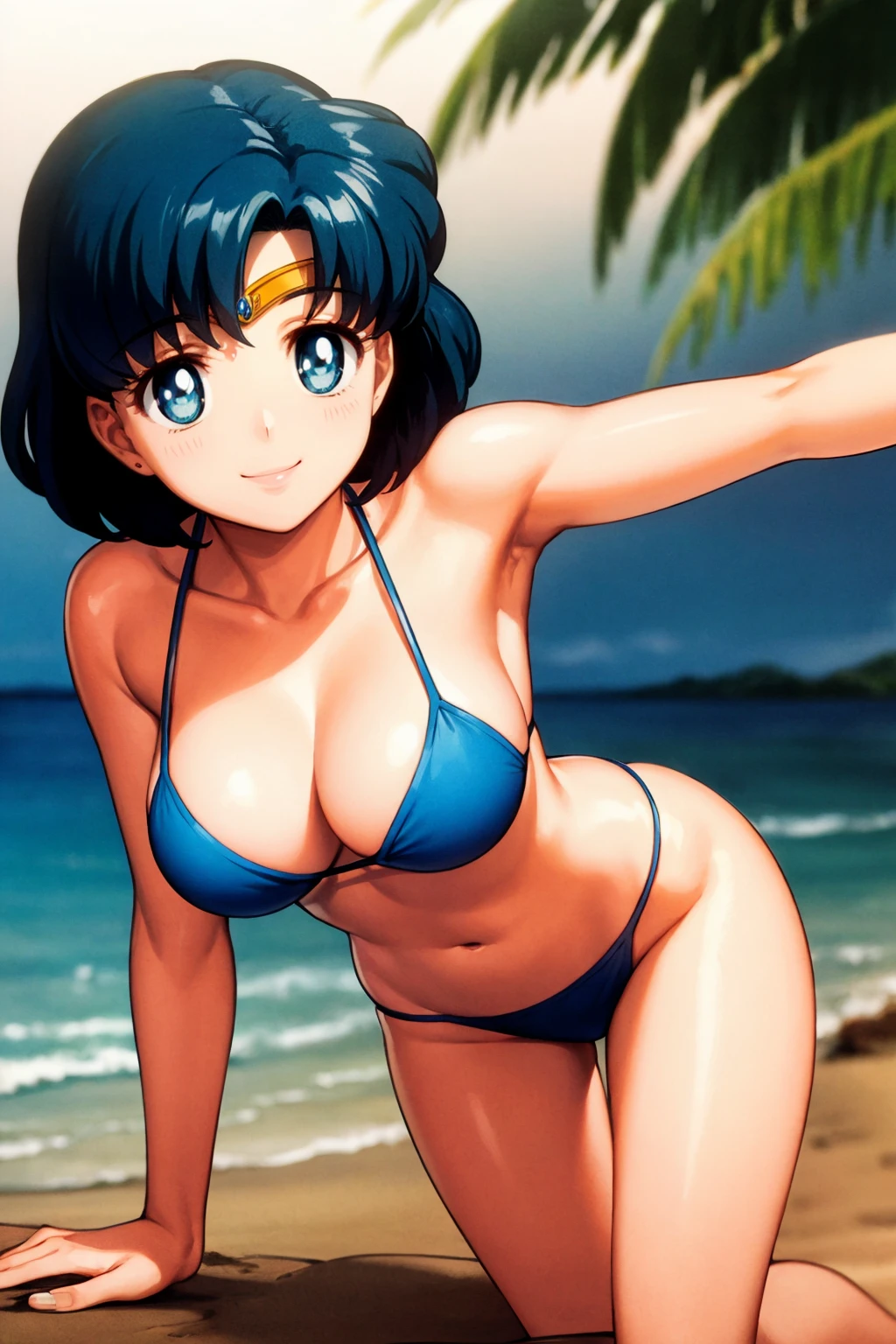 masterpiece, best quality,
1girl, sailor mercury, blue hair, short hair, blue eyes, tiara,
bikini,
smile, solo, looking at viewer, sea, sand, tropical island background     <lora:SailorMercury:1>