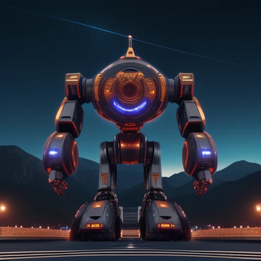 star (sky), 1other, mountain, non-humanoid robot, crowd, street, night sky, thrusters