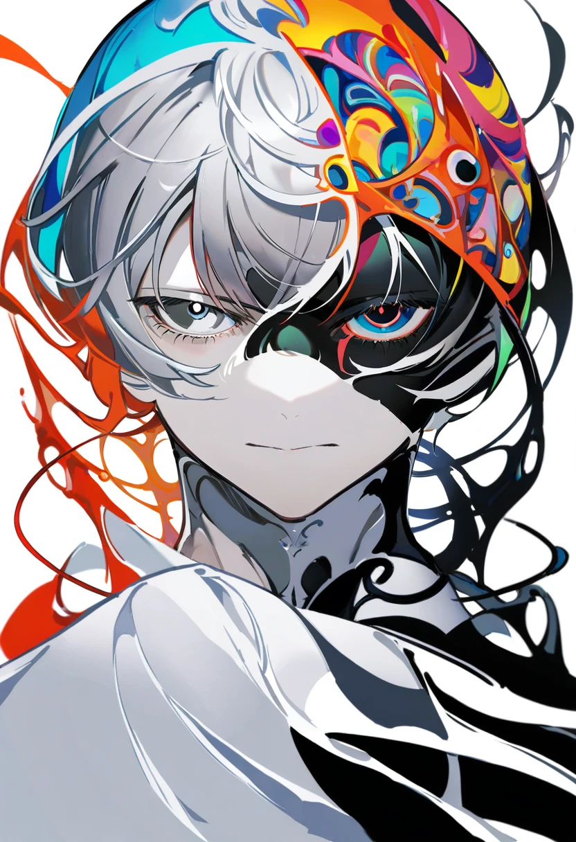 masterpiece, best quality, <lora:yoneyamaiXL_ANI31_lokr_V4302:0.95> looking at viewer, short hair, heterochromia, split theme, abstract, 1boy, portrait, male focus, closed mouth, white background, grey eyes, straight-on, solo, red eyes, colored skin, blue eyes, white hair, simple background, upper body, white eyes, grey hair