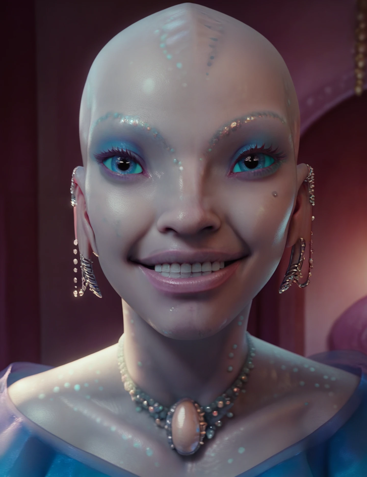 <lora:Pearl_people_Valerian_and_the_city_of_a_thousand_planets:1> pearl_people, Princess_Lihio, portrait, blue eyes, looking at the  viewer, solo, indoors, gray skin, iridescent, sharp focus, smile, score_9, score_8_up, score_7_up, score_6_up, score_5_up, score_4_up