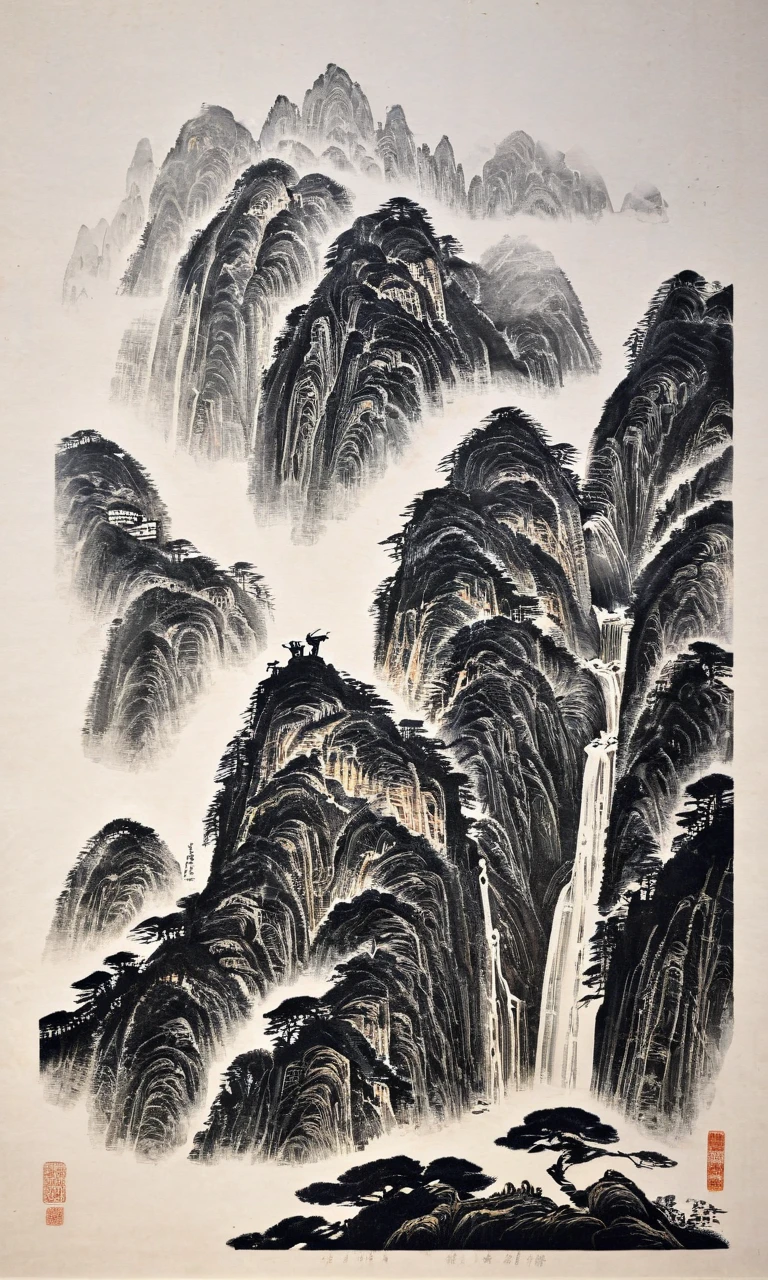 Masterful Landscape Woodcut Print: A Stunning 1.5x Masterpiece of the Highest Quality and Resolution
(Elegant Line Work, Minimalistic Style, Exquisite Letterpress Technique, Flat yet Vibrant Illustration, Vintage Charm, Crisp Black and White Contrast, Artistic Mastery, Richly Detailed Textures)
Captivating Scene: Lushan Waterfall, Enchanting Strange Peaks, Majestic Sea of Clouds, Serene Meandering Streams, Cascading Waterfalls Emerging from Lofty Mountains, Intimate Close-up Beneath a Towering Pine, Graceful Sika Deer, Unique and Captivating Perspective, Rugged Stone Walls Framing a Central Waterfall, Distant Mountains and a Vast Sea of Clouds, Charming Chinese Architecture, Dense Forests, Winding Roads, Expansive Use of Negative Space, Authentic Chinese Aesthetics, Deep Ink Artistic Vision, Inspired by Classic Chinese Ink Paintings.
This Composition Dances Between Reality and Imagination, Creating a Truly Magnificent Visual Experience.<lora:é²å䏿´¾@山水çç»SDXL:1>,