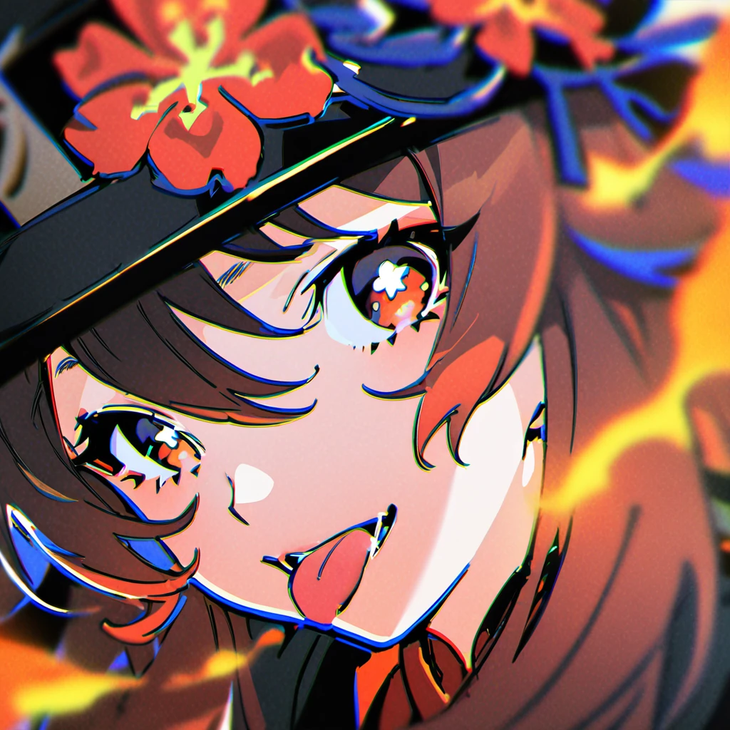 masterpiece, best quality,  <lora:yoneyama-a31-000020:1>,yoneyama mai, 1girl, solo,face,close-up,blurry, chromatic aberration,hu tao \(genshin impact\),fire,fire theme,hat,hat flower,cool girl,tongue out,