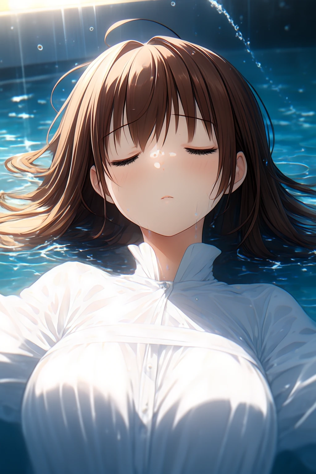 masterpiece, best quality, very aesthetic, absurdres,1girl, solo, water, dress, lying, on back, afloat, white dress, long sleeves, brown hair,bangs,upper body, water drop, wet,