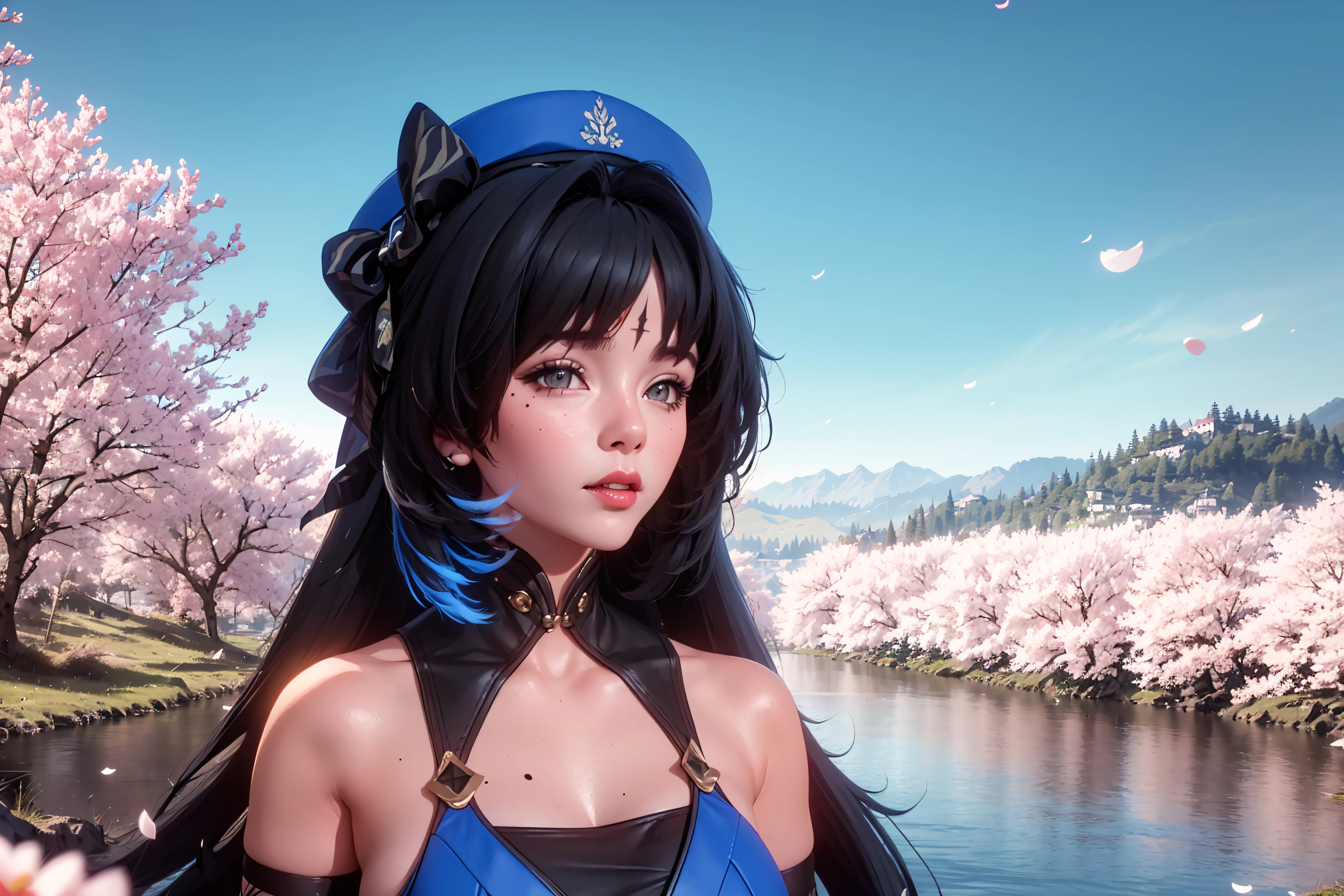 ((masterpiece)),(highres:1.1),4k , 8k,HD,(ultra detailed),vivid colors,lights, sharp focus,ray tracing, HDR, ,perfect lighting,best quality, depth of field,looking at viewer, (lights:0.8), 3d,dark,


yangyangdef,  gloves, hat,  dress,  cleavage, bare shoulders, dark,medium breasts, very long hair, pantyhose,sleeveless, black gloves,  mole, black eyes, black dress,  black pantyhose, beret,  blue headwear,  hand on hip,(upper body),facial mark, forehead mark,((headshot portrait)),


grassland, cherry blossoms,blue sky, lake, mountains, beautiful colors,flowers, scenery,flower field,