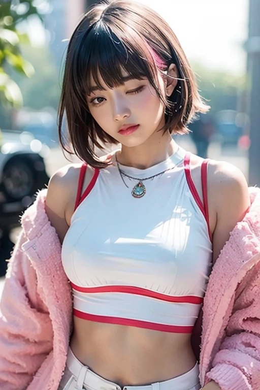 (Huge breasts), (18 years old), (Very small head), Daylight, Sunlight, (Perfect body:1.1), (Volleyball uniform), (sleeping posture), (Short hair), (Wavy Hair), (dark brown hair), (Pink and blue highlight hair), ((FullBody)), (8K), (extremely delicate and beautiful), (masutepiece), (Best Quality:1.0), (realisitic), Realistic Shadows, (High resolution:1.0), Detailed skin, Ultra-detailed, Slim body, (Beautiful hair, Real Hair, detailed hairs), blush, Photorealistic, Realistic face, Realistic eyes, Small eyes, Happy smile, (((Colorful))), (eye liner), (mascara), (eye shadow),