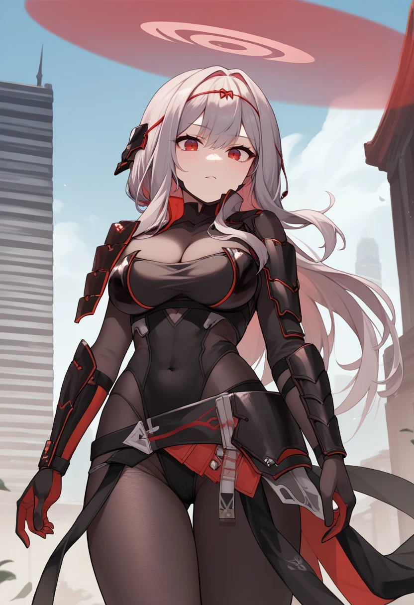 score_9, score_8_up, score_7_up, source_anime, BREAK 1girl, solo, <lora:scarlet-nikke-richy-v1_pdxl:1> scrltbs, red eyes, long hair, grey hair, bangs, halo, headgear, red hair ribbon, single shoulder armor, black bodysuit, cleavage, bodystocking, black legwear, gloves, covered navel,