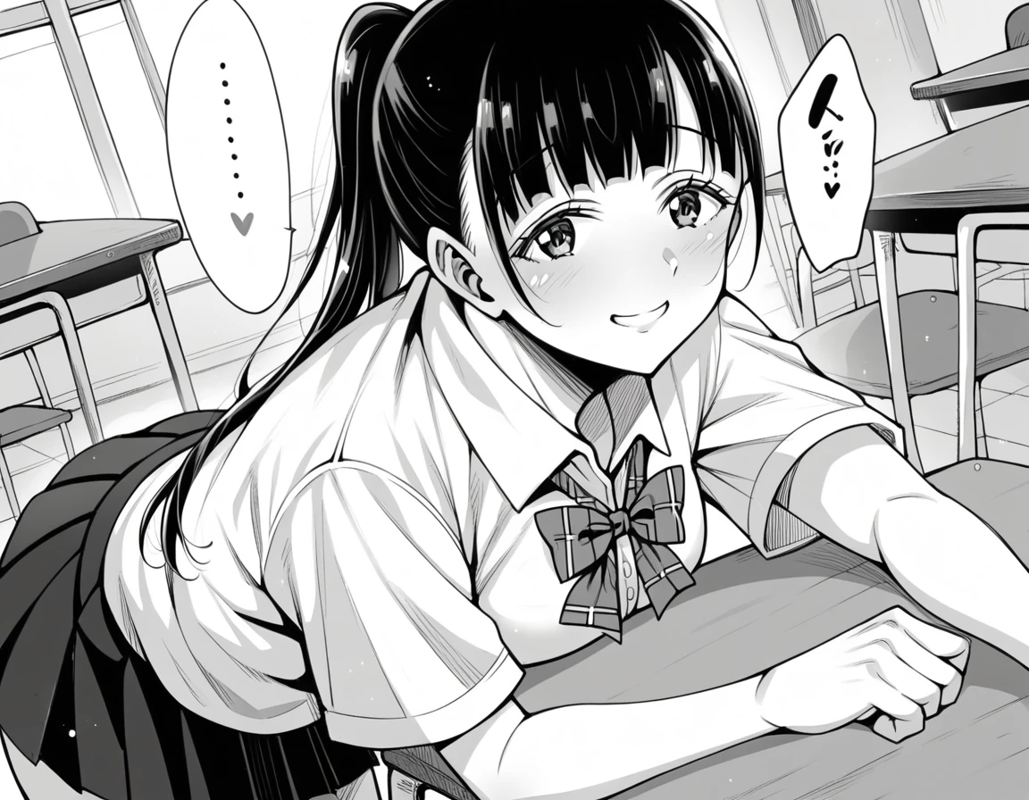 score_9, score_8_up, score_7_up, source_anime,
yuitachibana, <lora:yui-tachibana-manga-ponyxl-lora-nochekaiser:1>,
yui tachibana, long hair, bangs, ponytail, monochrome, greyscale,
skirt, bow, school uniform, pleated skirt, shirt, white shirt, collared shirt, short sleeves,
indoors, classroom, bent over, smile,
looking at viewer, solo, dutch angle, cowboy shot,