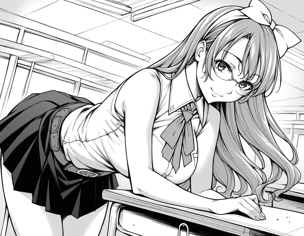 score_9, score_8_up, score_7_up, source_anime,
setoyuukiamamori, <lora:setoyuuki-amamori-ponyxl-lora-nochekaiser:1>,
amamori, long hair, monochrome, greyscale, glasses, large breasts,
skirt, bow, school uniform, hair bow, necktie, sleeveless, shirt, collared shirt, belt,
indoors, classroom, bent over, smile,
looking at viewer, solo, dutch angle, cowboy shot,
