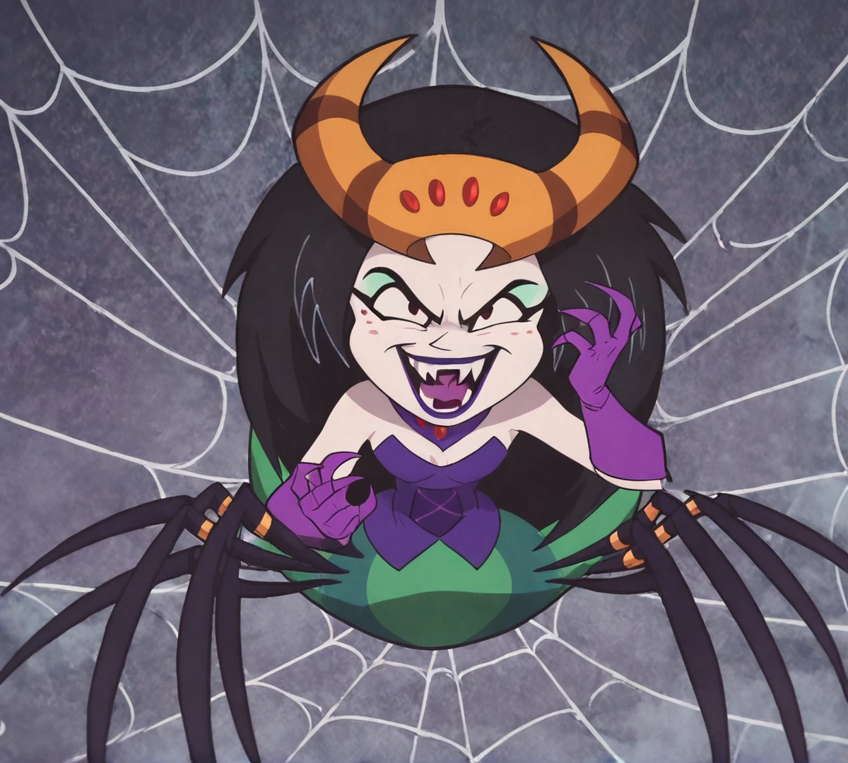 Velma Green, zPDXL, best quality, amazing quality, score 9, 1girl, webs, evil laugh, arachne, <lora:Velma_Green:0.8>