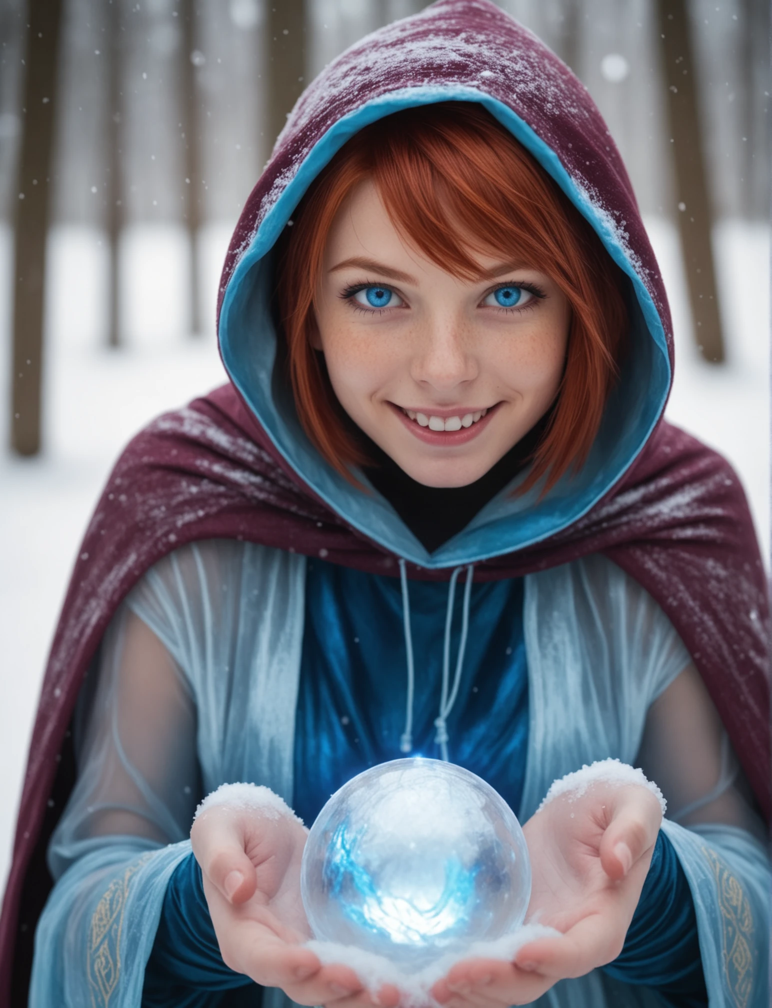 Awardwinning photo, face portrait, woman, 19 years old, short red hair, blue glowing eyes, glowing ice orb, smiling, colorful mage silk clothes with hood, (skimpy), snow, magic ritual, magic particles