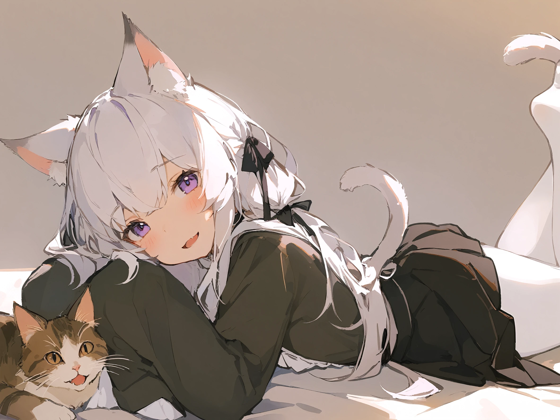1girl,
solo, white pantyhose, cat ears, hair ribbon, smile, pantyhose, cat, white hair, no shoes, on stomach, animal ears, cat tail, ribbon, black skirt, tail, blush, virtual youtuber, long sleeves, animal ear fluff, cat girl, skirt, lying, white background, simple background, sleeves past wrists, open mouth, long hair, purple eyes, looking at viewer, black ribbon, sleeves past fingers,
masterpiece, best quality, safe
<lora:mki-ani31-ahriii-v1-000125:1>