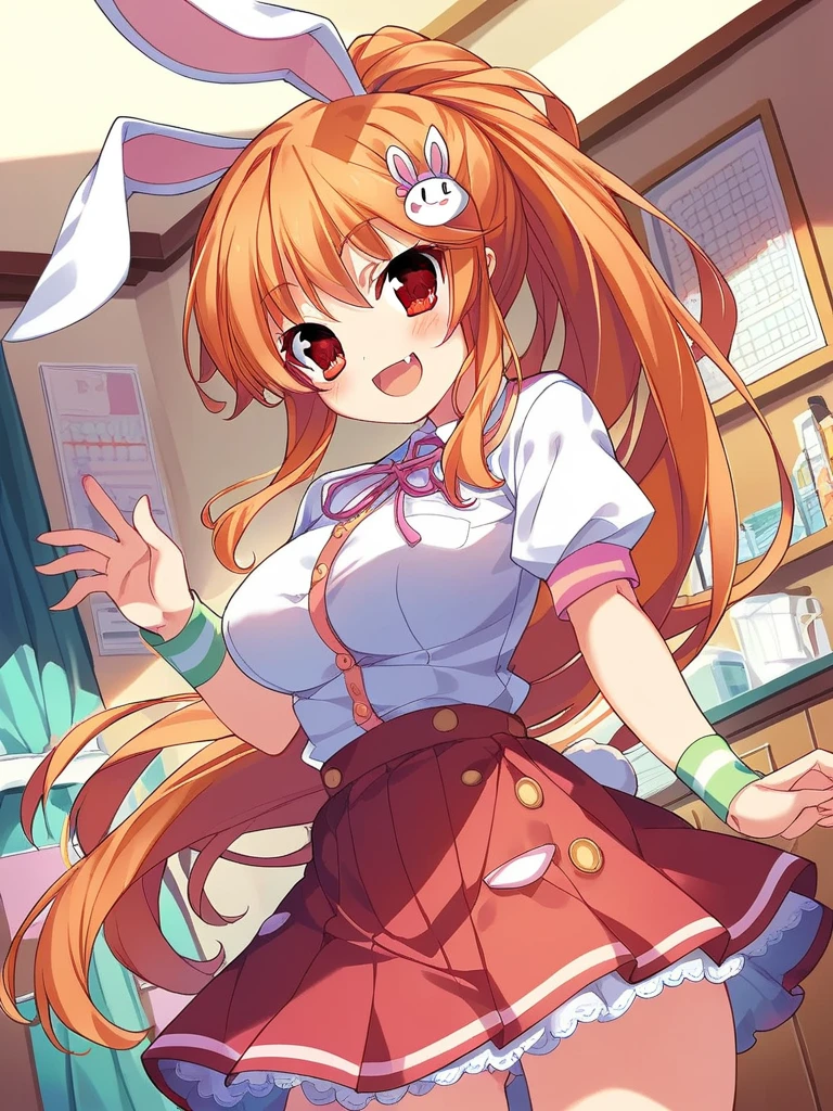 anime demon girl with horns using a bunnygirl cosplay show off her body shape, bunnysuit, bunny ears, seductive anime girl, painted in anime painter studio, best anime 4k konachan wallpaper, attractive anime girl, anime art wallpaper 8 k, anime art wallpaper 4k, anime art wallpaper 4 k, 4k anime wallpaper, detailed digital anime art, 4 k manga wallpaper, smooth anime cg art, Orange eyes, yellow hair, Detailed face, detailed eyes