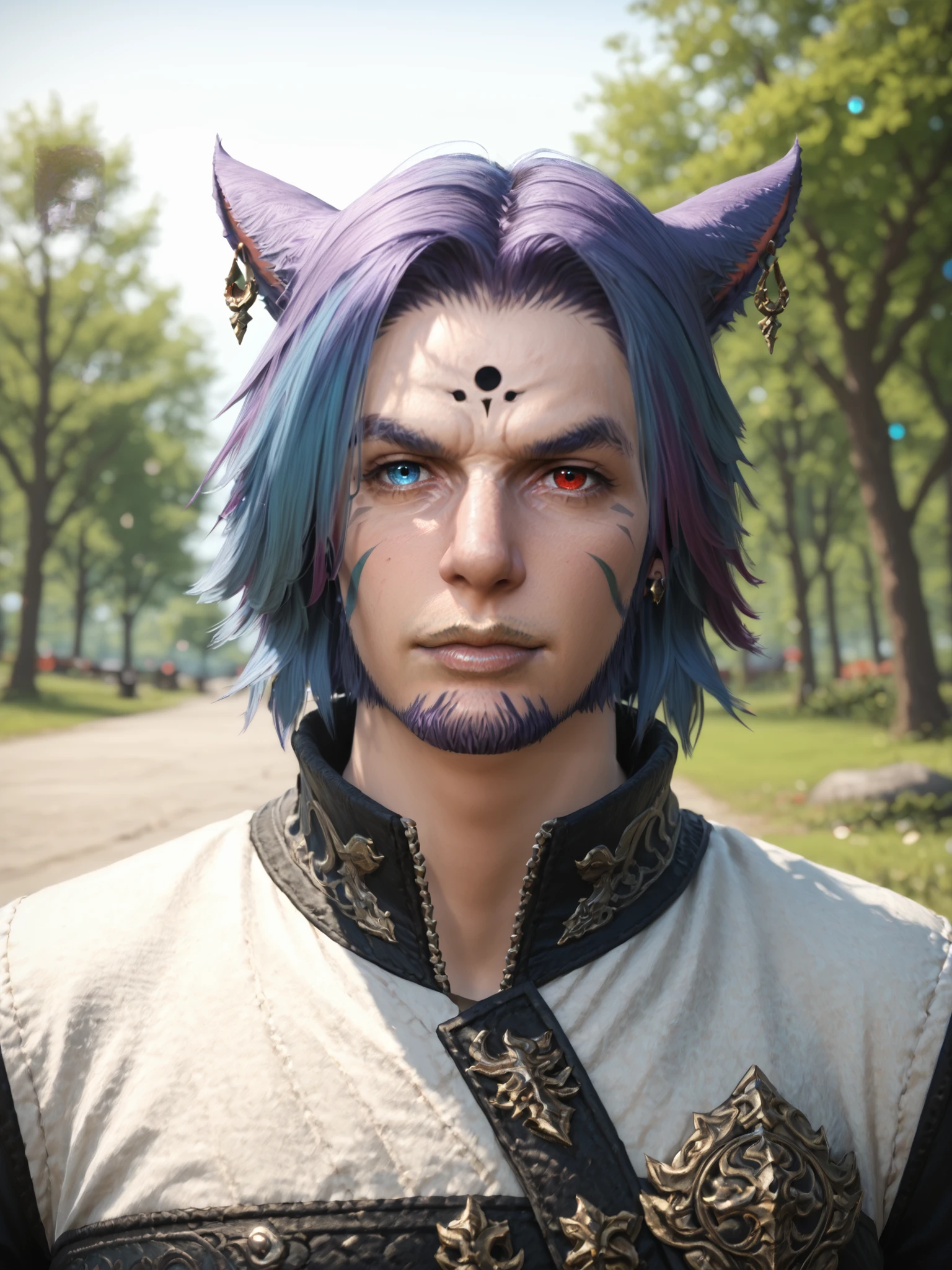 Khit'li L'ocar, beard, facial hair, heterochromia, red eyes , blue eyes, multicolored hair, blue hair, purple hair, stubble, miqote, closed mouth, earrings, jewelry, looking at viewer, outdoors, DynaPortrait_PDXL BREAK PonyXLV6_Scores , <lora:KhitliMoonKeeperPonyXL:0.8>