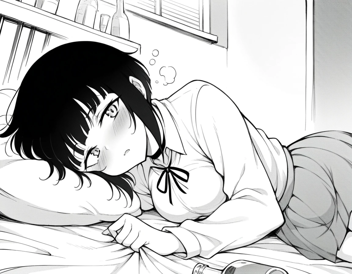 score_9, score_8_up, score_7_up, source manga, highres, 1girl, nayuta csm, black hair, single braid, monochrome, _, bottomless,ass, one leg up, tatami mat, indoors, living room, looking at viewer, smile, open mouth, lying on stomach, reading magazine, butt,