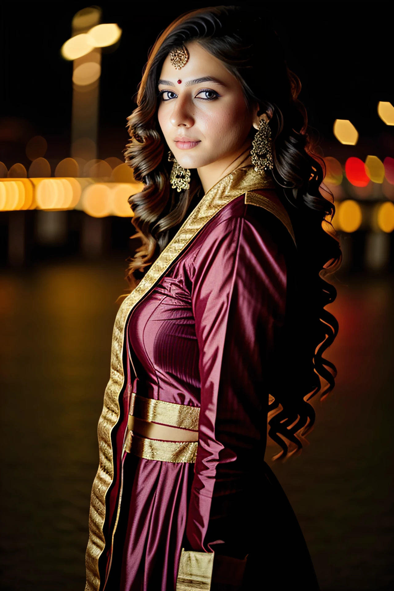 photo of a pryl woman, wearing conservative Burgundy Indian clothing, solo, serious look, night time, city lights  in background bokeh    <lora:pryl_Priyal_Gor_SD15_LoRA_prodigy_local_regs_HNepochs-000015:1>