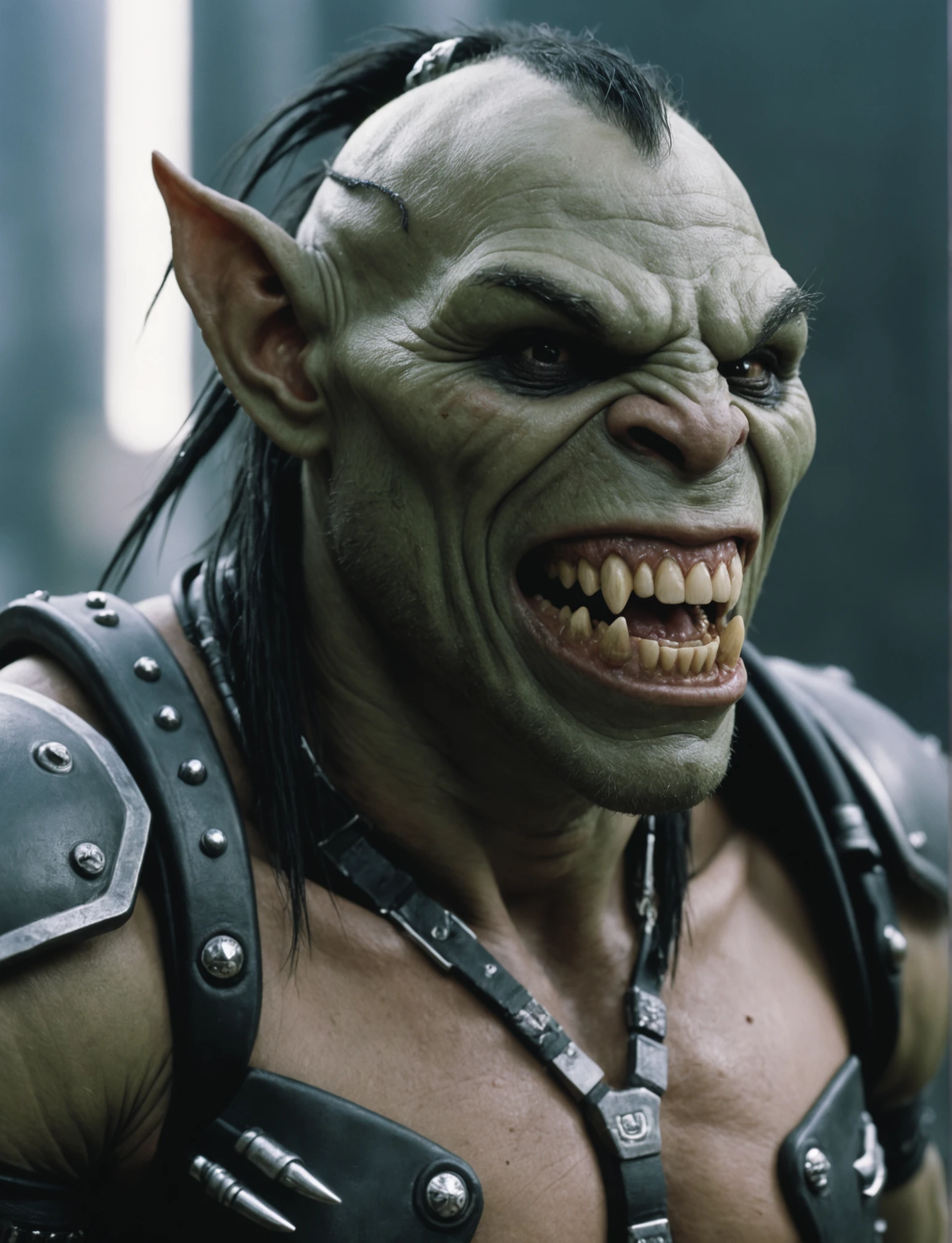 photograph, [Cyberpunk|Dark ages] orc, laughing, Cybernetics, shallow depth of field, Cinestill, Fuji superi400, Selective focus, shadowrun