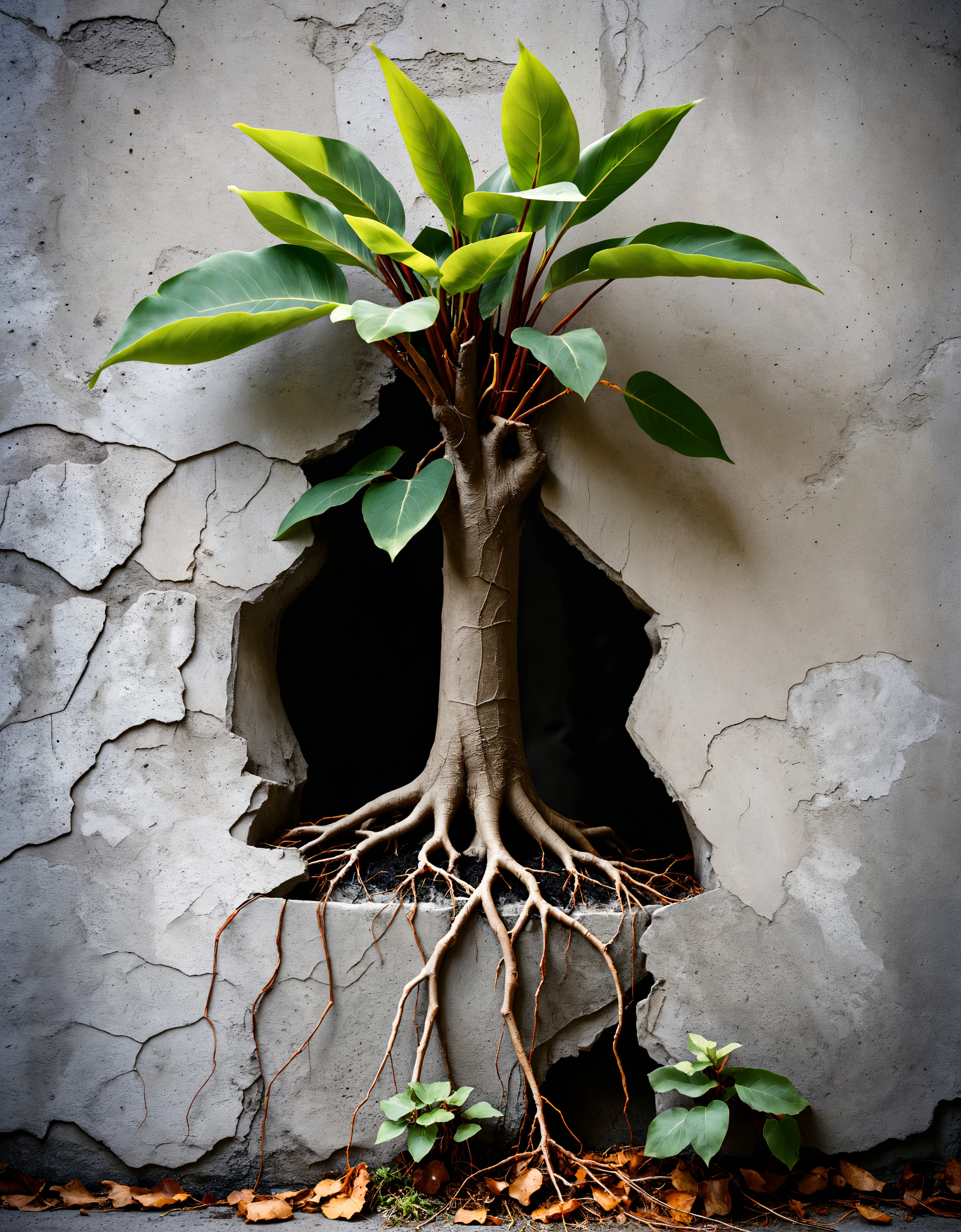 zavy-hlbckdrp, macro shot of tree roots growing out of hole in concrete wall, 100mm f/2.8 macro lens,