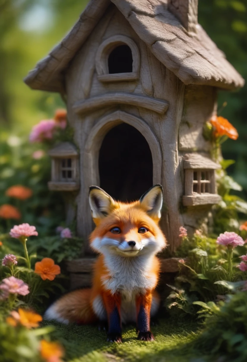 <lora:flower fox_sdxl_O8RF:0.7> A stone mushroom house located in a garden, surrounded by a variety of bright flowers and greenery. The background is full of natural tranquility and vitality. Warm sunlight slants in from the left side and shines on the flower fox and flowers, forming a soft natural lighting effect that enhances the warmth of the picture. The colors in the picture are bright and rich. The flower fox s reddish-brown fur contrasts sharply with the orange, pink, white and green plants of the flowers, making the whole picture full of life and vitality, making people feel peaceful and happy.