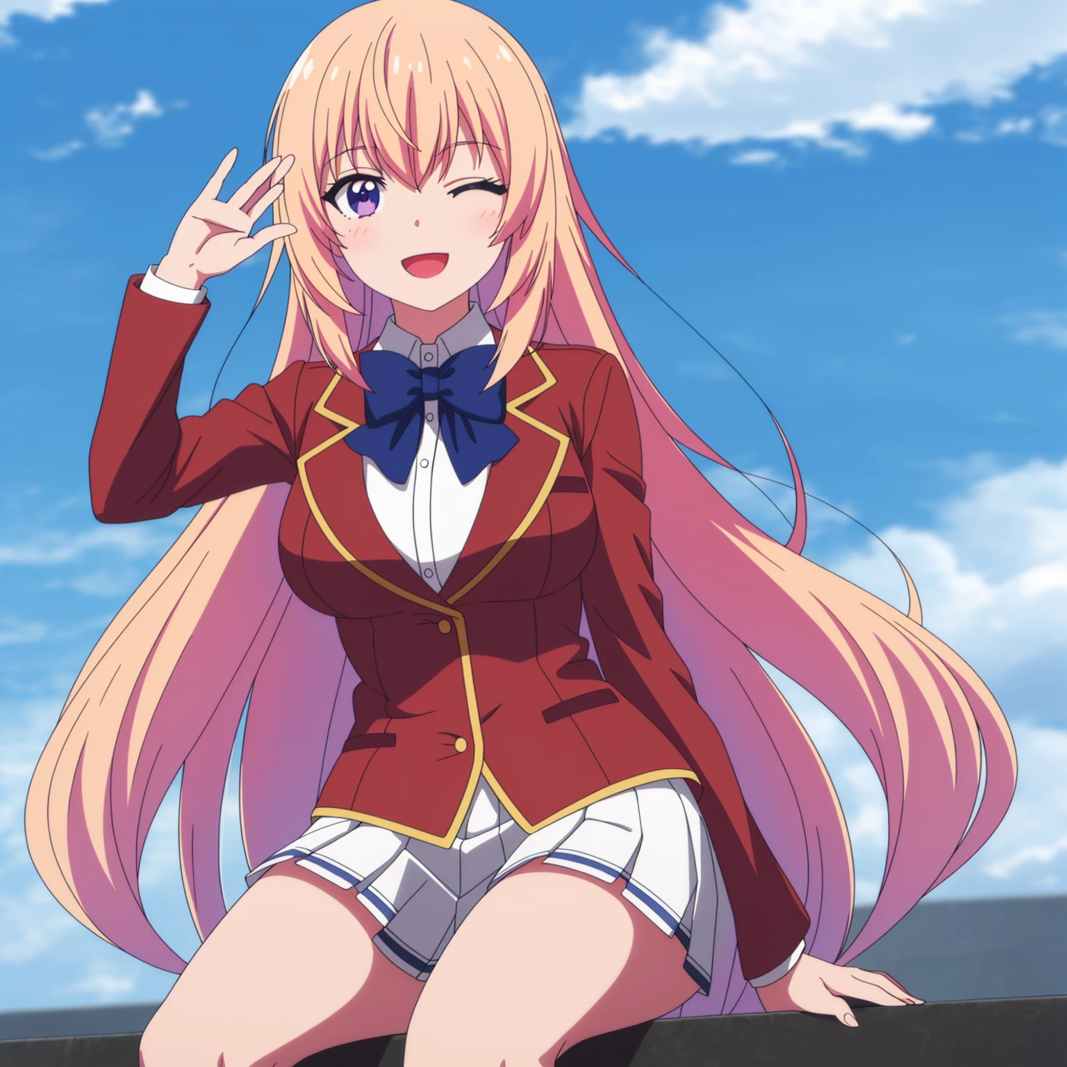 Ichinose,school uniform,solo,looking at viewer,one eye closed,:d,arm at side,blue sky,white cloud,bare legs,