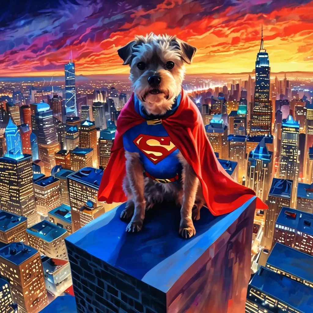 bird's eye view painting of a superhero Border Terrier Dog wearing a superman spandex costume with a flowing cape, standing atop a skyscraper at dusk, city skyline illuminated with neon lights in the background, dynamic brushwork conveying movement and power, bold and dramatic colors, intense expression of determination and heroism, reminiscent of comic book art, art by Alex Ross  <lora:Border_Terrier_Dog:1>