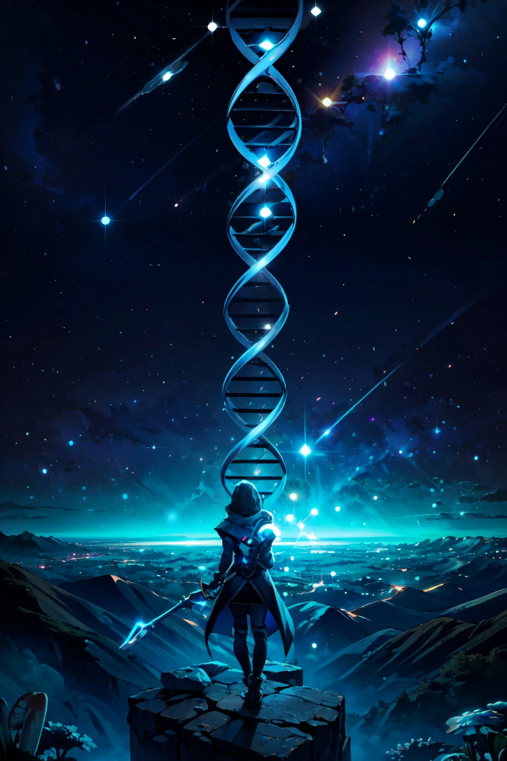 ((masterpiece,best quality)), absurdres,   <lora:DNA:0.8>,   DNA, sky, no humans, star (sky), night sky, scenery, starry sky, space,    <lora:Scifi_Environment_Concept_Art:0.8>, minimalist, game asset, cinematic, movie poster, cold colors, blue theme, holding, standing, weapon, outdoors, from behind, tree, glowing, nature, scenery, forest, fantasy, mushroom,