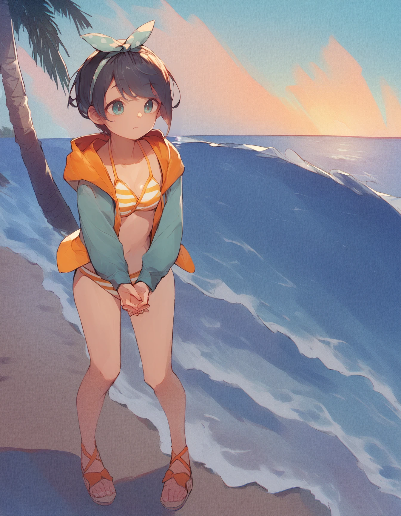 source_anime, score_9, score_8_up, score_7_up,
<lora:oozora_subaru_pony_v1:1>
shubaSummer, gradient eyes, aqua eyes, striped bikini, yellow bikini, hairband, sandals, hooded jacket, 
1girl, solo, full body, v arms, own hands together, 
blue sky, outdoors, beach, palm tree, ocean, waves