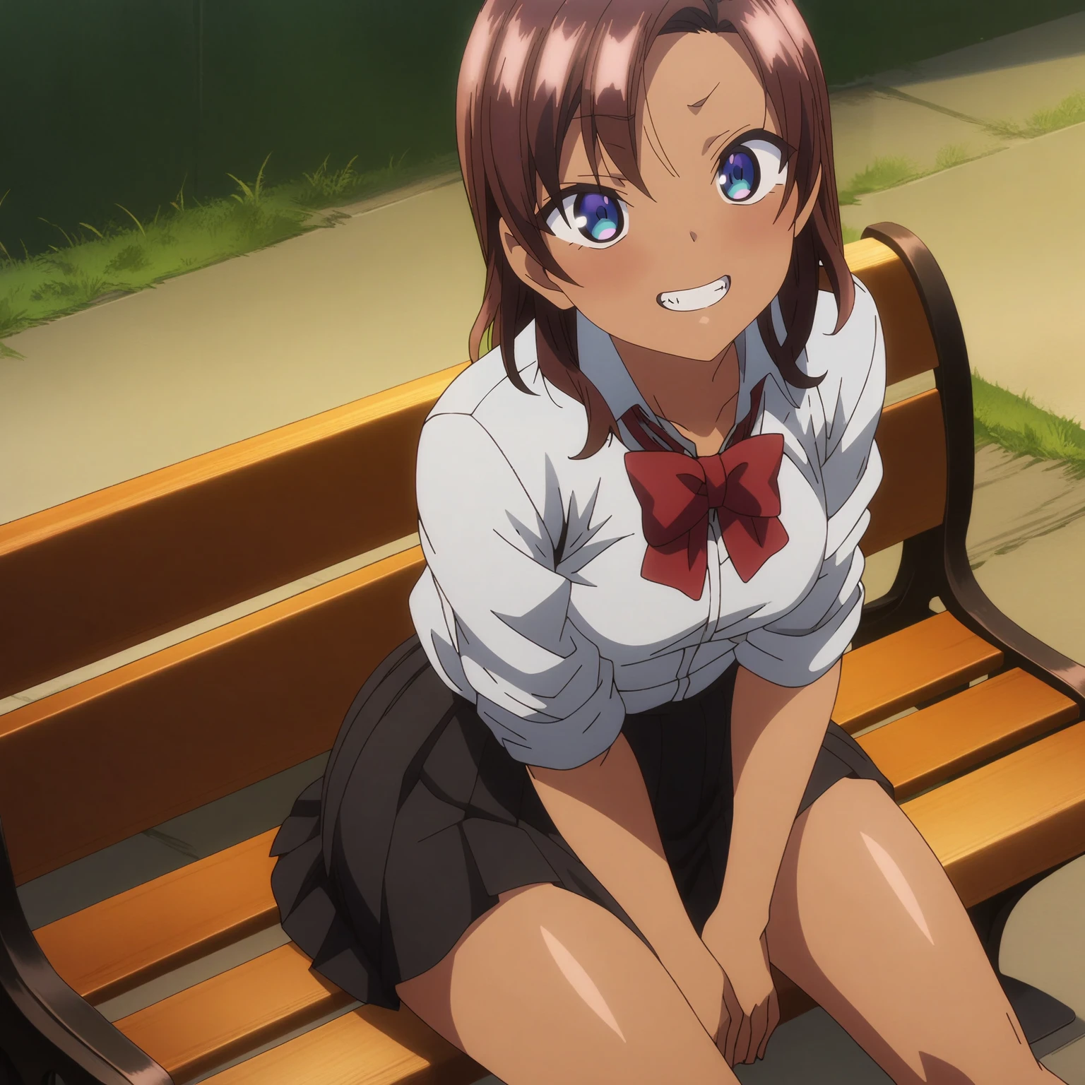 <lora:SaeHinataXL001>,<lora:bold-16oa:-0.5>,
masterpiece,best quality,ultra-detailed,8K,best illustration,very aesthetic,absurdres,anime screencap,official art,
looking at viewer,blush,grin,
solo,
SaeHinata,1girl,brown hair,medium hair,blue eyes,dark-skinned female,
white shirt,red bowtie,sleeves rolled up,
pleated_skirt,black skirt,
outdoors,
full body,sitting,bench,