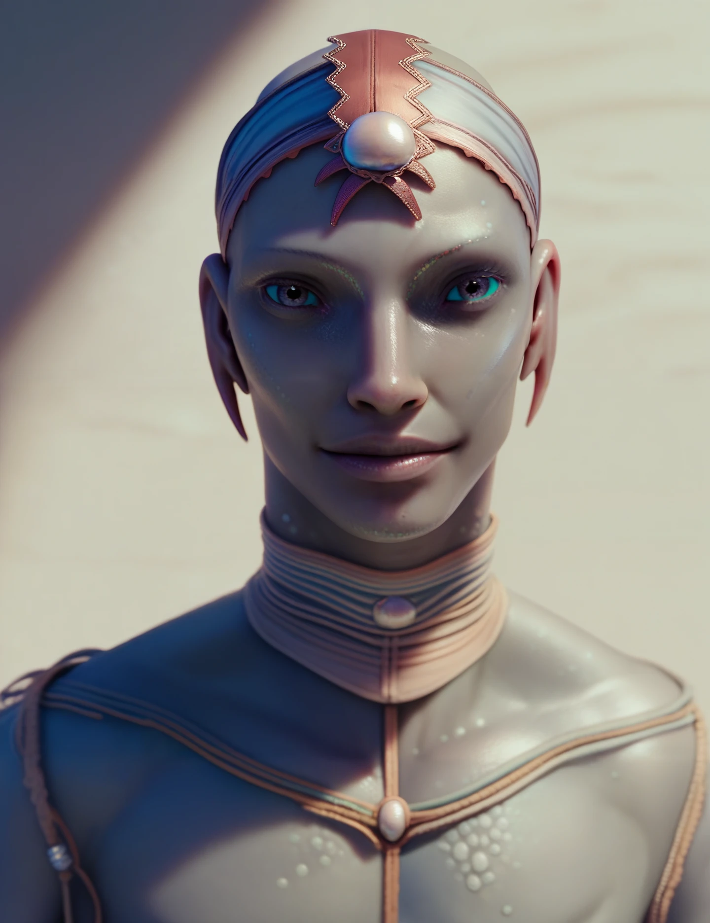 <lora:Pearl_people_Valerian_and_the_city_of_a_thousand_planets:1> pearl_people, TSuuri, looking at the  viewer, solo, gray skin, iridescent scaled skin, sharp focus, upper body, pearl headwear, score_9, score_8_up, score_7_up, score_6_up, score_5_up, score_4_up