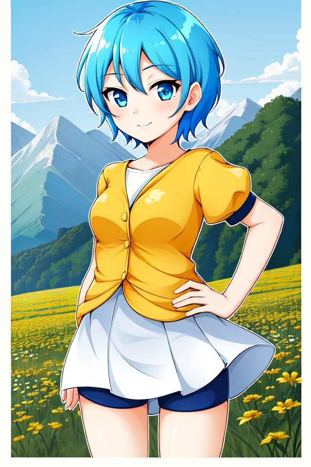 1 girl, outdoors, field of flowers, mountains,
 <lora:Illusion_of_Gaia_-_Lilly:0.7> gaialilly, short hair, pixie cut, messy hair, light blue hair, blue eyes,
yellow blouse, juliet sleeves, short sleeves, blue shorts, white skirt, shorts under skirt,