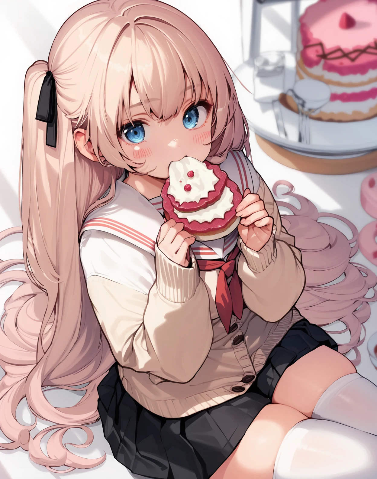 score_9, score_8_up, score_7_up,1girl , serafuku,skindentation,  long hair, pink  white blonde hair, one side up, thighhighs, skindentation, eating cake, blush stickers,black skirt, blue eyes, cardigan, 
 <lora:santa_style_pony6_v1:1>,
