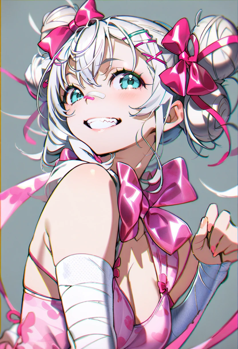 masterpiece, best quality, <lora:yoneyamaiXL_ANI31_lokr_V4302:0.95>  1girl, solo, bandaid, bandaid on face, bandaid on nose, braid, smile, double bun, looking at viewer, bandages, bow, hair bun, long hair, grin, hair bow, chromatic aberration, upper body, hair ornament, teeth, blue eyes, pink bow, ribbon, x hair ornament, blush, heart, aqua eyes, blurry, bandaged arm, hair between eyes, simple background, from side