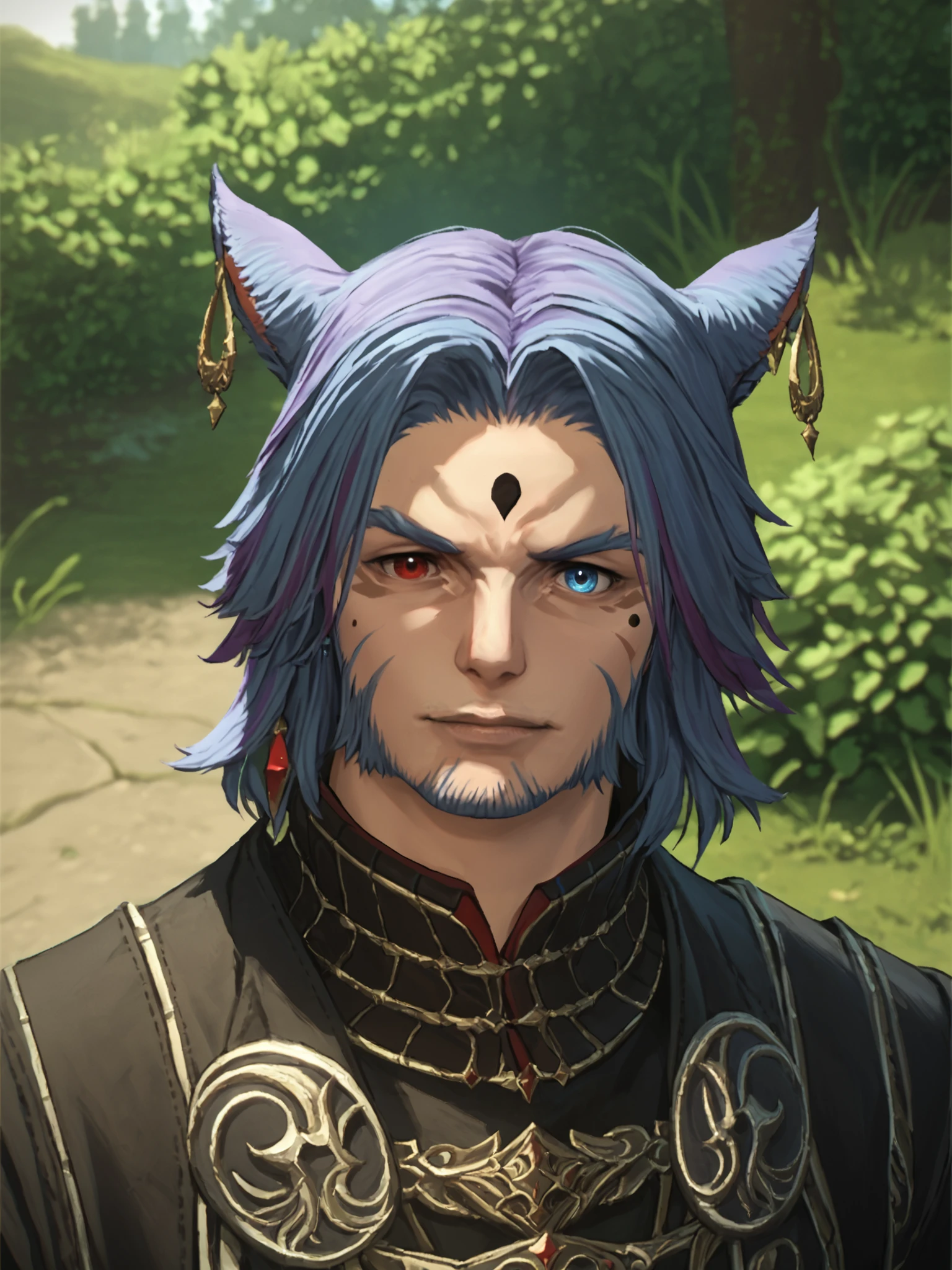 Khit'li L'ocar, 1boy, male focus, heterochromia, red eyes , blue eyes, facial hair, stubble, beard, multicolored hair, blue hair, purple hair, closed mouth, miqote, earrings, jewelry, looking at viewer, outdoors, portrait, BREAK PonyXLV6_Scores , <lora:KhitliMoonKeeperPonyXL:0.8>