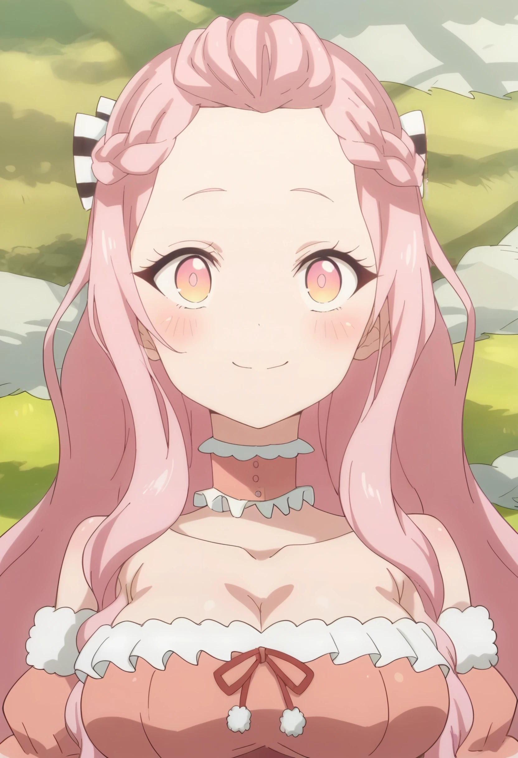 <lora:Alieze de Saloum:1> alieze de saloum, long hair, pink hair, braid, 1girl, solo, pink eyes , blush, large breasts, bare shoulders, choker, hair bow, looking at viewer, upper body, smile, blush, pink dress, facing viewer, score_9, score_8_up, score_7_up, , anime coloring ,BREAK source_anime, anime